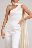 Cascada Cream Satin Halter Jumpsuit With Draped Scarf