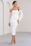 Favor White Ruched Mesh Bardot Midi Dress