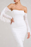 Favor White Ruched Mesh Bardot Midi Dress