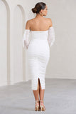Favor White Ruched Mesh Bardot Midi Dress