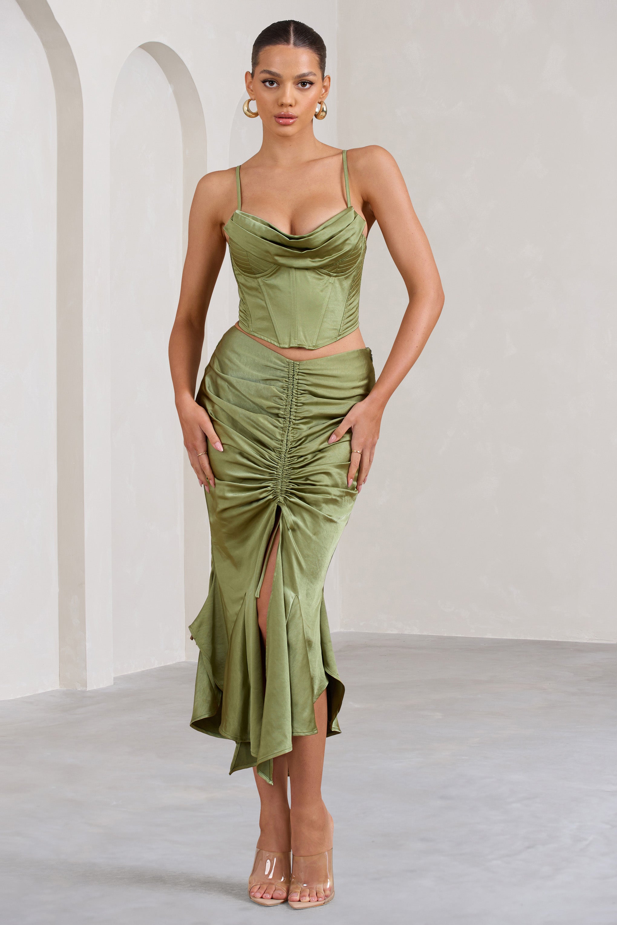 Per Favore Olive Satin Ruched Split Maxi Skirt