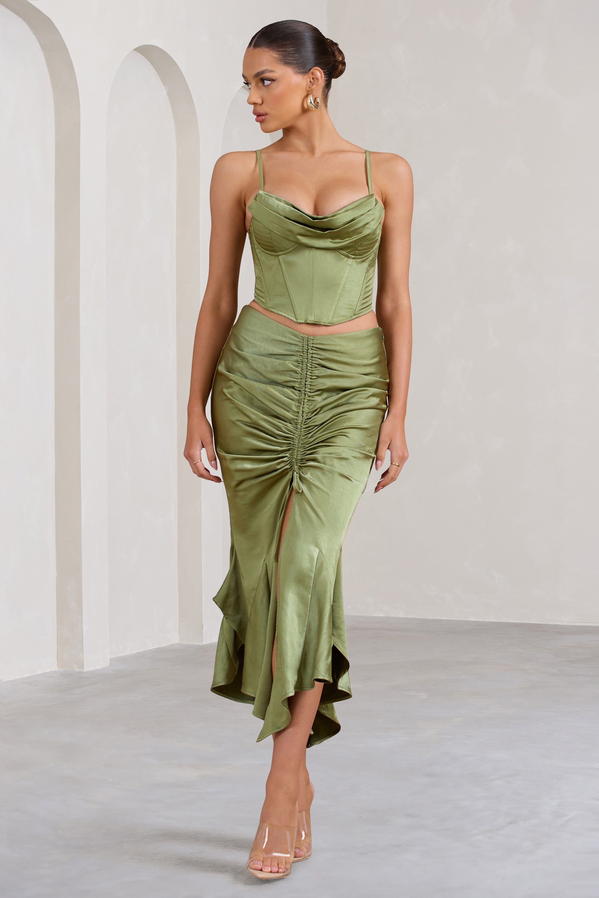 Per Favore Olive Satin Ruched Split Maxi Skirt