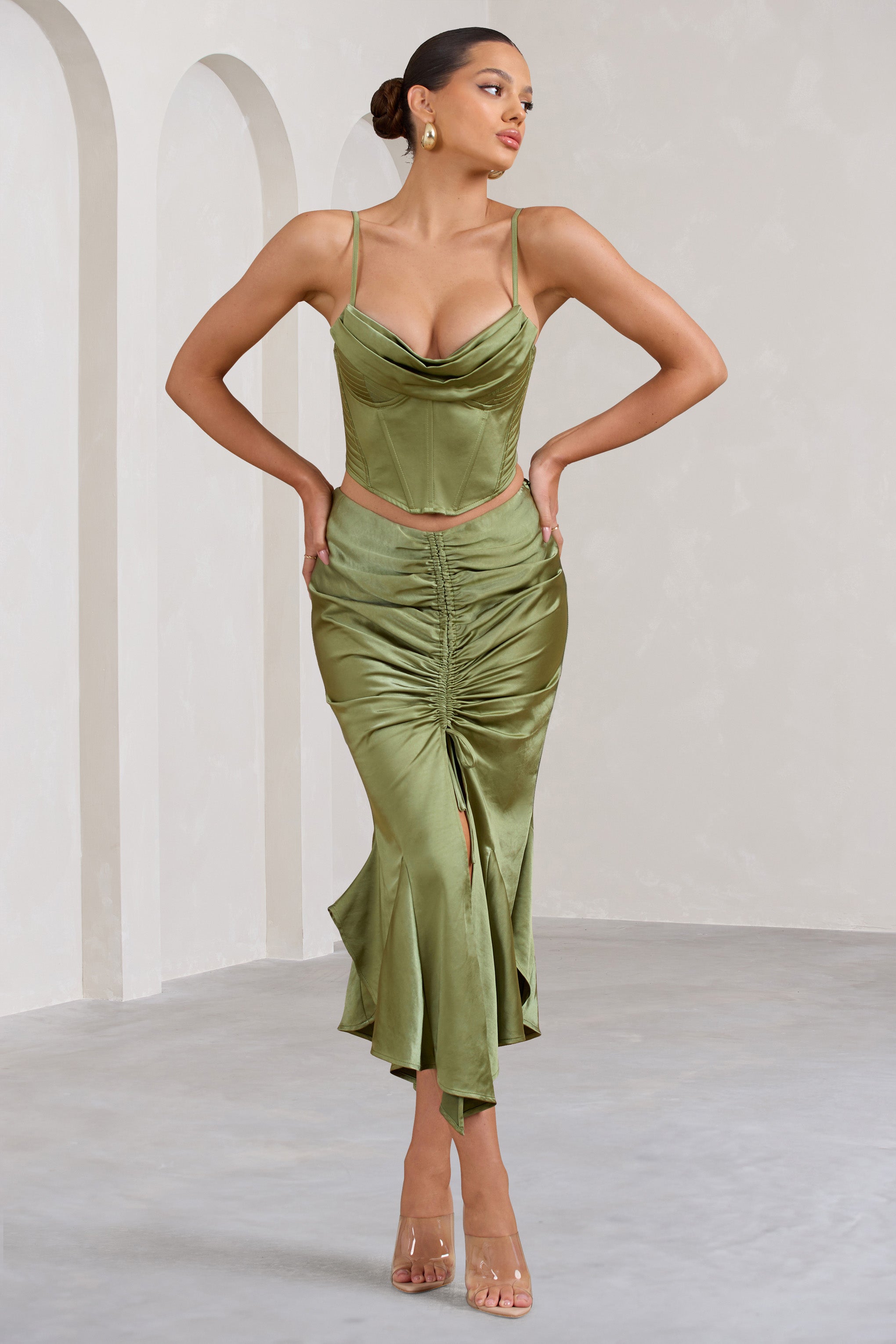Per Favore Olive Satin Ruched Split Maxi Skirt