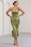Per Favore Olive Satin Ruched Split Maxi Skirt