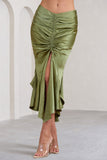 Per Favore Olive Satin Ruched Split Maxi Skirt