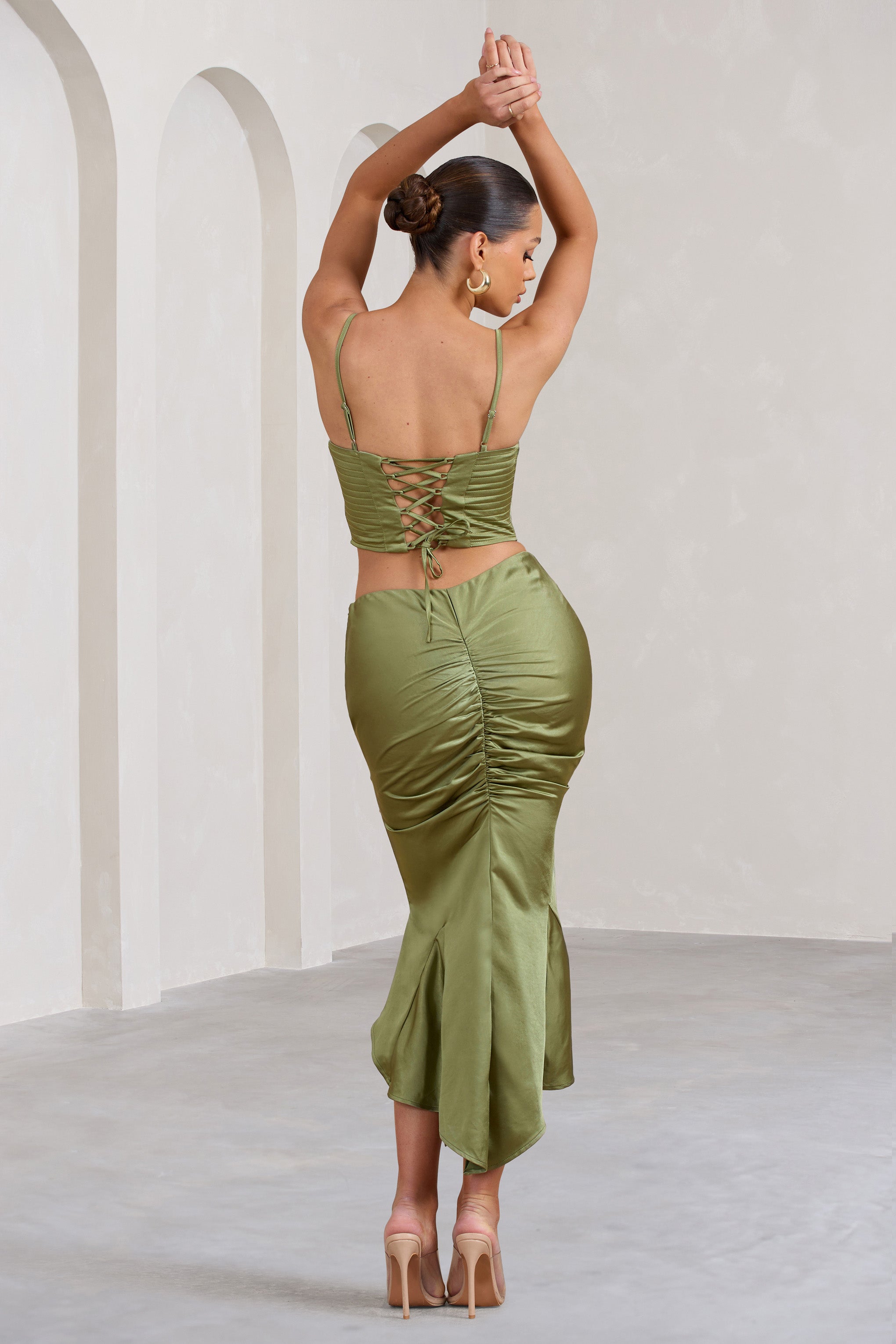 Per Favore Olive Satin Ruched Split Maxi Skirt