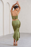 Per Favore Olive Satin Ruched Split Maxi Skirt