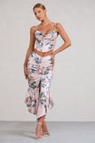 Per Favore Pink Satin Ruched Split Maxi Skirt