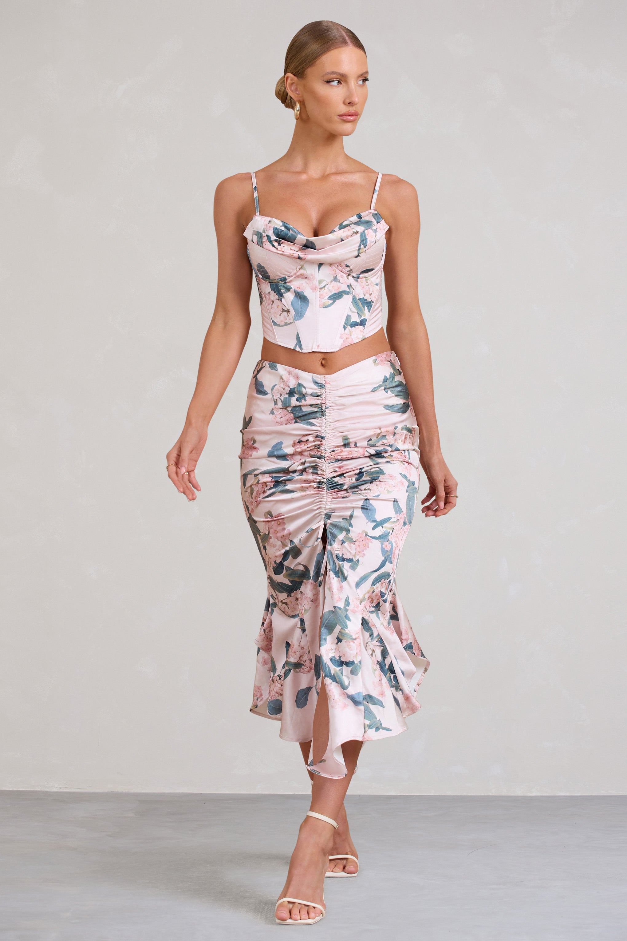 Per Favore Pink Satin Ruched Split Maxi Skirt