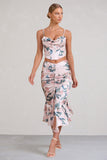 Per Favore Pink Satin Ruched Split Maxi Skirt