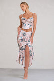 Per Favore Pink Satin Ruched Split Maxi Skirt