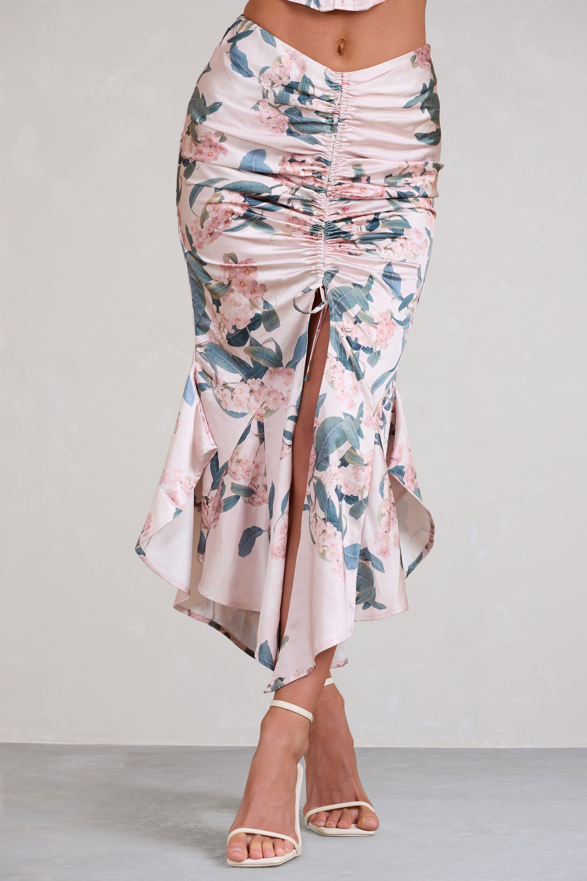 Per Favore Pink Satin Ruched Split Maxi Skirt