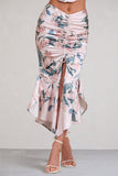 Per Favore Pink Satin Ruched Split Maxi Skirt