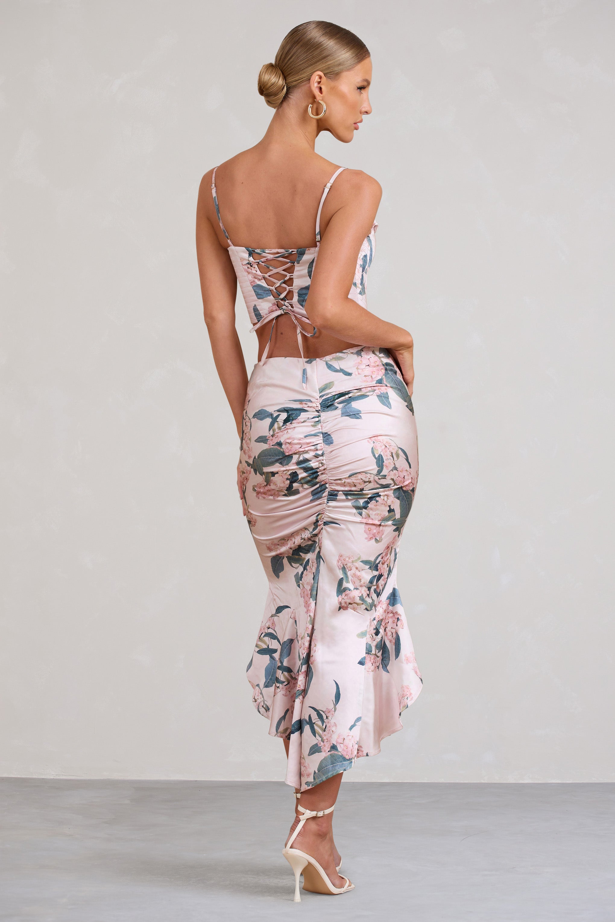 Per Favore Pink Satin Ruched Split Maxi Skirt
