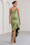 Lady Rosselini Olive Strappy Asymmetric Ruffled Maxi Dress