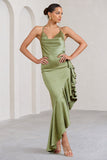 Lady Rosselini Olive Strappy Asymmetric Ruffled Maxi Dress