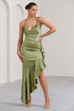 Lady Rosselini Olive Strappy Asymmetric Ruffled Maxi Dress