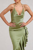 Lady Rosselini Olive Strappy Asymmetric Ruffled Maxi Dress