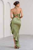 Lady Rosselini Olive Strappy Asymmetric Ruffled Maxi Dress