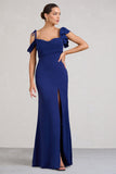 Merlot Navy Asymmetric Draped Split Maxi Dress