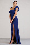 Merlot Navy Asymmetric Draped Split Maxi Dress