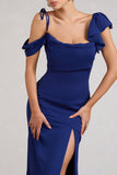 Merlot Navy Asymmetric Draped Split Maxi Dress
