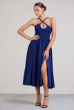 Lady Loren Navy Ruched Cross-Strap Split Midi Dress