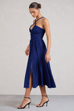 Lady Loren Navy Ruched Cross-Strap Split Midi Dress