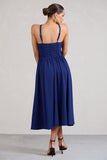 Lady Loren Navy Ruched Cross-Strap Split Midi Dress