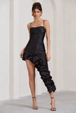 Florence Black Satin Asymmetric Ruffle Cowl Midi Dress