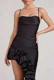 Florence Black Satin Asymmetric Ruffle Cowl Midi Dress