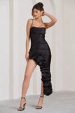 Florence Black Satin Asymmetric Ruffle Cowl Midi Dress