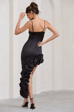 Florence Black Satin Asymmetric Ruffle Cowl Midi Dress