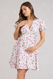 By The Cypress Pink Floral Maternity V-Neck Puff-Sleeved Buttoned Mini Dress