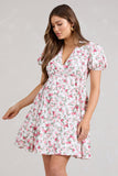 By The Cypress Pink Floral Maternity V-Neck Puff-Sleeved Buttoned Mini Dress