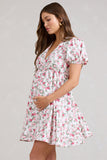 By The Cypress Pink Floral Maternity V-Neck Puff-Sleeved Buttoned Mini Dress