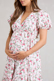 By The Cypress Pink Floral Maternity V-Neck Puff-Sleeved Buttoned Mini Dress