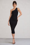 Vineyard Black Asymmetric Backless Bodycon Midi Dress