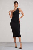 Vineyard Black Asymmetric Backless Bodycon Midi Dress