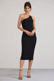 Vineyard Black Asymmetric Backless Bodycon Midi Dress