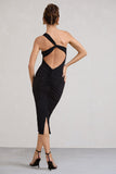 Vineyard Black Asymmetric Backless Bodycon Midi Dress
