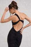 Vineyard Black Asymmetric Backless Bodycon Midi Dress