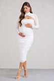 Lady In Waiting White Ruched Mesh Long-Sleeved Maternity Midi Dress