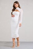Lady In Waiting White Ruched Mesh Long-Sleeved Maternity Midi Dress