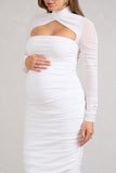 Lady In Waiting White Ruched Mesh Long-Sleeved Maternity Midi Dress