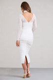Lady In Waiting White Ruched Mesh Long-Sleeved Maternity Midi Dress