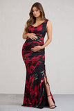 Phantasy Red Floral Asymmetric Split Maternity Maxi Dress