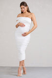 Cici White Asymmetric Ruched Maternity Midi Dress