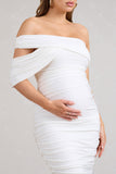 Cici White Asymmetric Ruched Maternity Midi Dress