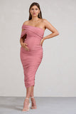 Cici Blush Pink Asymmetric Ruched Maternity Midi Dress